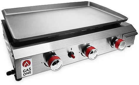 Gas One Flachgrill mit 3 Brennern, automatische Zündung, Propan, tragbar, Edelstahl, mit Vorsaisonplatte, praktische Abtropfschale, ideal für Wohnmobil, Camping