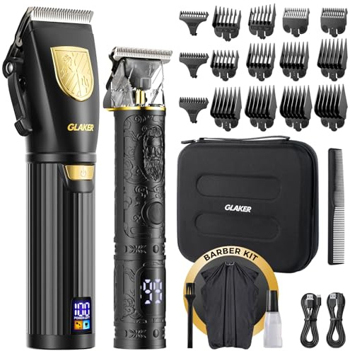 GLAKER Hair Clippers for Men,Professional Mens Hair Clippers Cordless Clippers for Hair Cutting,Precision Trimmer Kit Zero Gap Trimmer with LED Display 15 Guide Combs (Black+Gold)