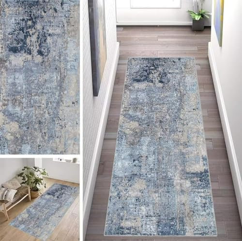 ZUZEKU Abstrakte Bunt Läufer Flur Küche Waschbar rutschfest 40X350cm Vintage Blau und Grau Lang Küchenteppich Flurteppich Teppich Fur Korridor Wohnzimmer Schlafzimmer Meterware Anpassbar