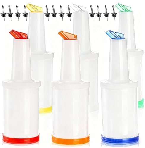 Tebery Saftflaschen aus Kunststoff mit 12 Edelstahl-Flaschenausgießern, 1000 ml, Kunststoff-Saftspender für Bar, Zuhause, Küche, Partyzubehör, 6 Stück
