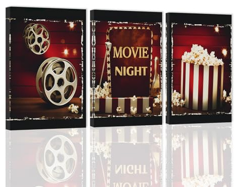 ZXHYWYM Film Wandbild 3 teilig Filmschild Leinwanddruck schwarz und rot Film Popcorn Gemälde modernes Heimkino Raum Medien Kino Wanddekoration mit Rahmen (60x90cmx3)