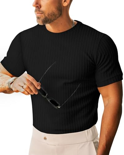 Beotyshow Men's Ribbed Knit T Shirts Short Sleeve Crew Neck Slim Fit Stretchy Muscle Shirts Basic Solid Tee Tops