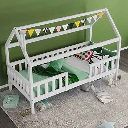 Azkoeesy Kinderbett Hausbett 90 x 200 cm, mit Schornstein, mit Lattenrost und Fallschutzgitter, für Jungen und Mädchen (weiß)