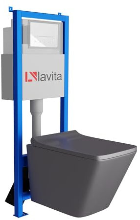 Lavita LAV 101 Vorwandelement für WC 40cm + Wand Hänge Tiefspül WC LAGO Grau Spülrandlos + Bedienplatte LAV 200.3.1 Weiß | Komplettset | Unterputz Spülkasten | Toilette Komplett Sett