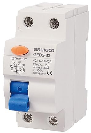 GOMETY Fehlerstromschutzschalter, FI-Schalter 40A DIN-Hutschiene, RCD 30mA, 2-Polig 40A, Schutzschalter für Solaranlage