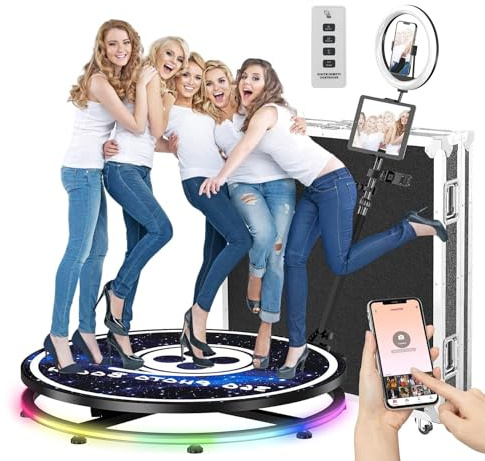YCKJNB Photo Booth 360 mit Flightcase Ringlicht, Kostenlose Logo-Anpassung&VIP-Software, Automatische 360 Fotobox Selfie Photo Booth mit RGB Streifenlicht für Party Hochzeit Rental 5-7 Personen,115CM