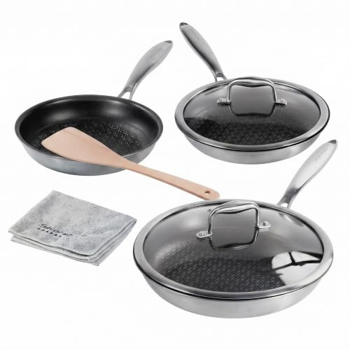 Silverstar Set di padelle in acciaio inox, 20/24/28 cm, con coperchio 24/28 cm, spatola a nido d'ape, antigraffio, antiaderente a induzione, struttura a nido d'ape, per tutti i piani cottura, forno,
