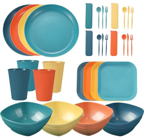 Hylruu Camping Cutlery Set for 4 People, Unbreakable and Lightweight Plastic Dinner Plates and Bowls, Picnic Tableware Set for BBQ Camping Dark