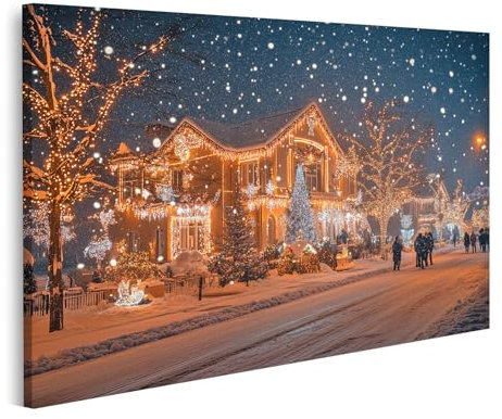 islandburner Bild auf Leinwand Verschneite Weihnachtsstraße mit Beleuchtung Bilder Wandbilder Poster