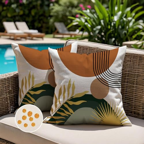 Jayusaror Outdoor Kissenbezug 40x40 Wetterfest Orange Grün Sofakissen Kissenhülle Boho Modern Minimalistisch Geometrische Tropische Blätter Sommer Kissen Kissenbezüge für Sofa Garten Deko 2er Set