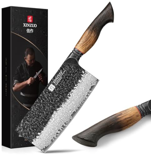 XINZUO Damaststahl Hackmesser 18,5cm Chinesisches Kochmesser -Profi Küchenmesser Hammerfinish Hackbeil -Multifunktions Scharfe Chefmesser -Ergonomischer Griff aus Weißeiche -Mit Geschenkbox