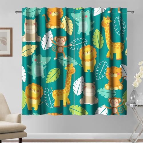 Kzzfqxb 117x138cm Kindervorhänge 2 Paneele, grüne Waldtiere, Tiger Löwen Nilpferde Giraffen Krokodile Cartoon Gemälde Bedruckte für Kinder, Jungen, Mädchen, Babyschlafzimmer