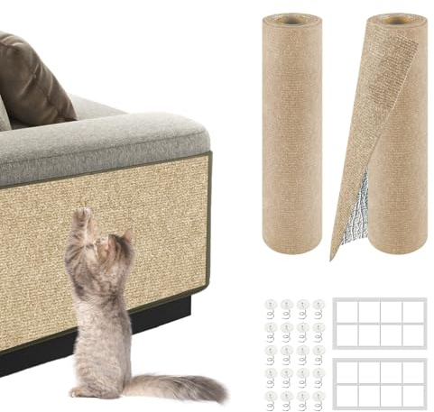 Cat Scratch Mat for Couch, Wall & Cat Tree – 78.7 Trimmable Self-Adhesive Cat Scratcher, Furniture Protector for Cats, Felt Alternative to Sisal, DIY Replacement for Cat Tower, 2 Pack (Khaki)