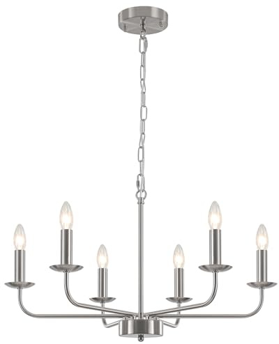 Modern Kronleuchter Silber 6 Flammig Kronleuchter Vintage Pendelleuchte | Kronleuchter Kerze Pendelleuchte Wohnzimmer Esstisch Hängelampe, Industrial Deckenlampe Hängend für Schlafzimmer Esszimmer