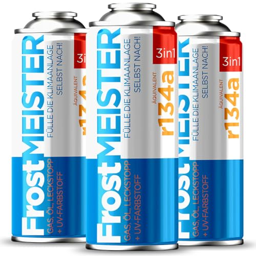 FrostMEISTER 3in1 – Auto-Klimaanlage Nachfüllset, 3X 400 ml – Schnelles & einfaches Kältemittel/Öl/Dichtmittel-System (R134a 1995–2016)