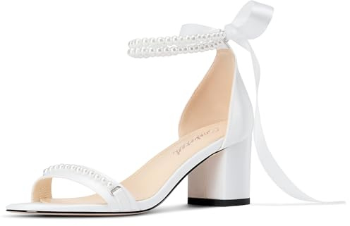 Saekcted Femmes Bloc Chunky Talon Heel Rond Bout Sandales Lanières Cheville Lacets Perles Mariage Cute Satin 6.5 CM Heels Blanc 40 EU