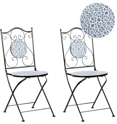 Beliani Lot de 2 Chaises de Jardin Bistrot Vintage en Métal Extérieur Motif Floral Mosaïque Pliantes Noir Chapeco