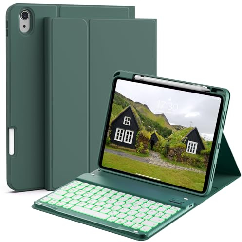 HMTDIYOU Tastatur mit Hülle für iPad 11./10. Generation 2025 2022, Grün | QWERTZ-Tastatur mit 7-farbiger Hintergrundbeleuchtung für iPad 11 Zoll A16 und 10,9 Zoll, Schutzhülle mit Stifthalter