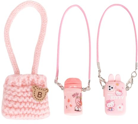 3pcs Doll Accessories Set - Pink Knitted Bag, Camera Charm & Water Bottle Charm for 15-17cm Dolls – Mini Dress Up Kit for Blind Box Figures & Fashion Dolls