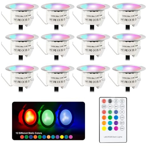 Smavolt Terrassen Einbaustrahler Aussen, 12V Ø42mm LED Bodeneinbaustrahler mit Timer, IP67 wasserdicht Terrassen Einbaustrahler für Außen-12er Set RGB+warmweiß, Terassenbeleuchtungen Garten Spot