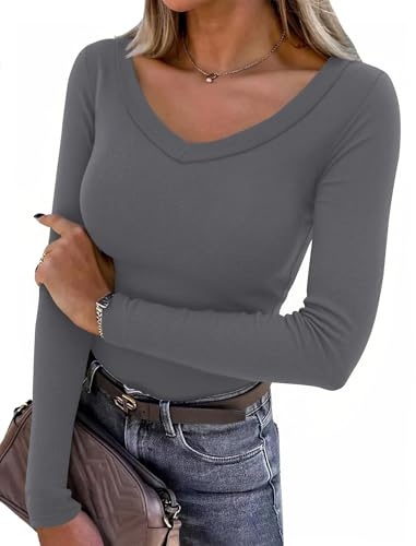 Aottori Maglia Donna Scollo a V Elegante Maglietta a Maniche Lunghe T-Shirt Cotone Basic Aderente Top a Coste Elasticizzato Sexy Grigio Scuro S