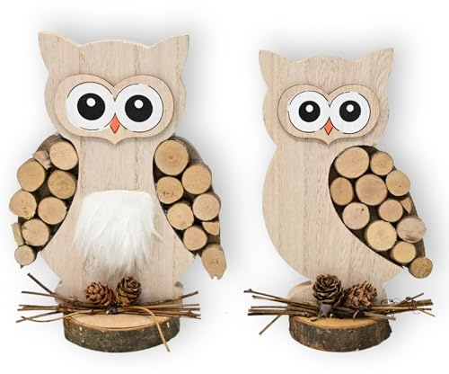 damaloo Eulenfiguren 2er Set aus Holz – Rustikale Tier Deko für Wohnzimmer, Regal, Fensterbank oder Tisch – Natur Dekofiguren mit Zapfen und Zweigen – 18 x 12 cm