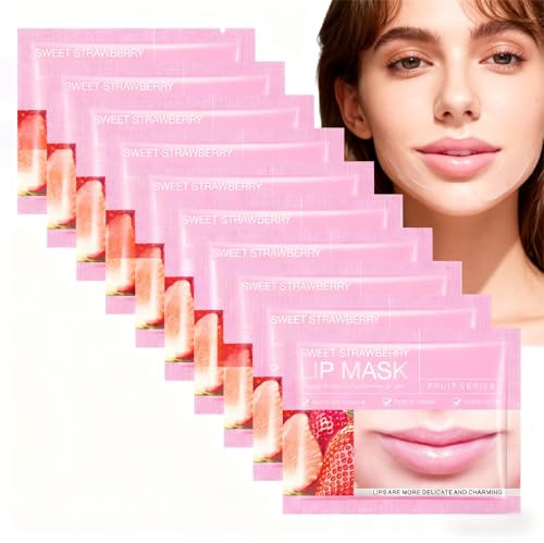 Sewinsling 10 Pièces Strawberry Collagène Lip Masque,de Masques à Lèvres en Cristal de Collagène,Masque Levres Hydratant Patch,Adapté aux Lèvres Sèches et Gercée2