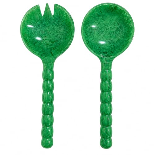 Handmade Resin Salad Serving Spoon & Fork Set | Elegant Glossy Finish with Unique Beaded Handles | Durable Kitchen Utensil Set for Tossing, Serving Salads & Fruits | Gift Tableware (Dark Green)