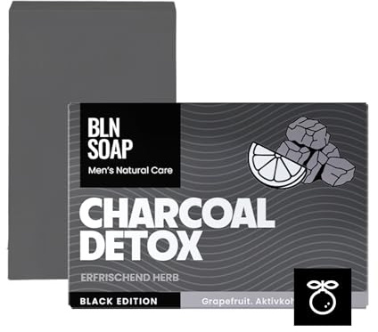 Charcoal Detox Feste Männerseife: Natürliche Seife für Männer, Hand, Körper & Haare, Körperseife Aktivkohle & Grapefruit Mann, Shampoo Vegan, 3-in-1 Duschseife Herren, Festes Duschgel, 135 g, BLN SOAP