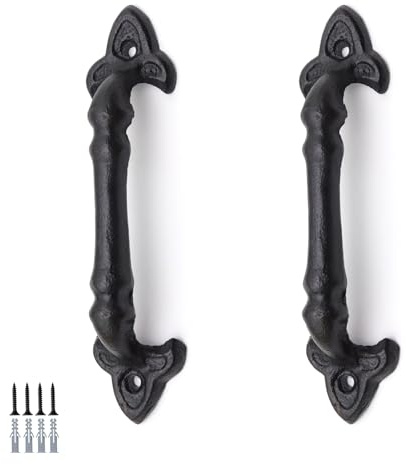 KLEHOPE 2 Stück Scheunentor Griff Schwarz, Türgriff aus Gusseisen, Vintage-Optik, Länge 185 mm, Gartentor Griff mit Schrauben Befestigt für Türschuppen, Garagen, Schränke