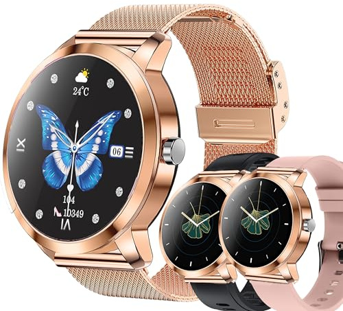 1,27 Smartwatch Donna Chiamate e Risposta Bluetooth, 3 Bracciali, 123 Sport Smartwatch Cardiofrequenzimetro Pressione Sanguigna Monitoraggio del Sonno Orologio Fitness per Android iOS (dorato)