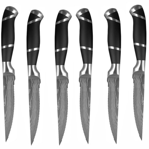 BFYLIN Steakmesser 6-Teilig Set, hochwertiger Edelstahl Steak Messer, ultrascharfe gezackte Klinge und ergonomischer, Tafelmesser (6-teilig Schwarz)