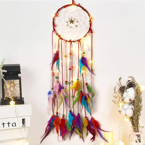 Dremisland Boho Dream Catcher with Fairy Lights Handmade Indian Dreamcatcher Kids Bedroom Accessories Colorful Feather Wall Hanging Decoration for Home Bedroom Craft Gift