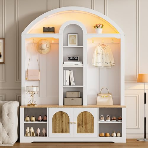 Merax Multifunktionaler Kleiderschrank für Eingangsbereich mit Schuhregal, Ablagen und Haken, moderner Garderobenschrank mit gebogenem Design, Doppeltür-Stauraum und offenem Regal, Weiß