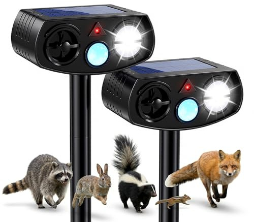 AWISH Solar Ultrasonic Animal Repeller Outdoor, Motion Sensor Waterproof Pest Deterrent, Raccoon Skunk Squirrel Gopher Rabbit Dog Repellent for Yard Garden Farm, 40ft 120° Coverage, 2 Pack Black