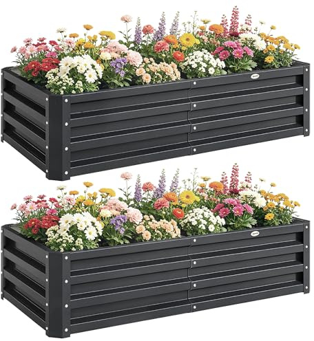 Outsunny 216L Raised Garden Bed Set of 2, 120 x 60 x 30.5cm, Grey | Galvanised Outdoor Planter Box, Open Bottom, Metal Raised Garden Bed Kit, for Vegetables, Flowers and Herbs