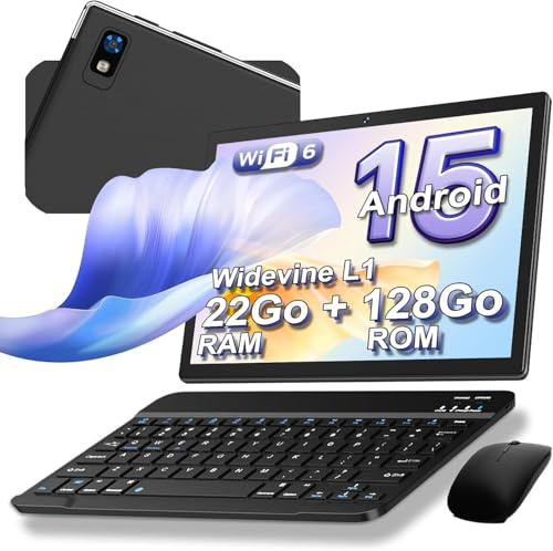 Tablet 10 Pollici Android 15, 22GB RAM+128GB ROM(1TB TF), Tablet 2in1 -Nero | Tablet con Tastiera e Mouse, Widevine L1, Octa-Core 2.0Ghz, Corpo in Metallo, 5G WiFi, GPS, GMS, Face ID, BT 5.0, 8000mAh