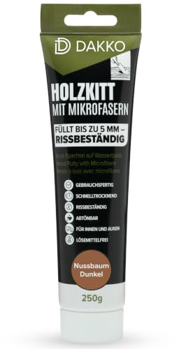 DAKKO Holzkitt 250 g Nussbaum Dunkel Holzspachtelmasse mit Bambusfasern - Füllmasse zur Reparatur von Schäden für Möbel Türen und Risse Innen und Außen schnelltrocknend rissbeständig