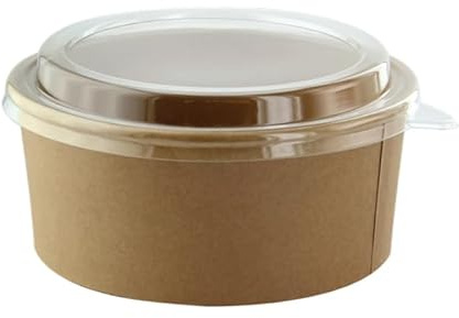 PacknWood Combo Ensaladera Desechable redonda multiusos BUCKATY cartón kraft con tapa PET Ø18,5 cm 1,25 L - Pack 50 - Ecológico Biodegradable - Hostelería Catering Take Away