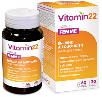 VITAMIN' 22 - Specific Femme - A base de 14 vitamines et minéraux - Action fortifiante et anti-fatigue - Fabriqué en France - Cure de 30 jours - 60 gélules