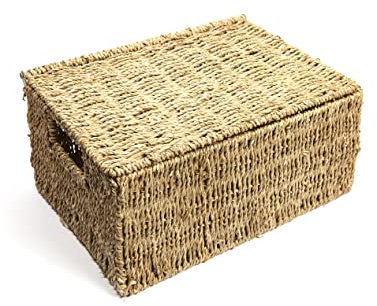 Woodluv Storage Boxes With Lids, Storage Baskets With lids, Woven Natural Seagrass, Storage Baskets for Shelves, Gift Hamper basket, Large