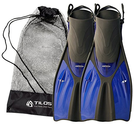 Tilos Getaway Large Open Heel Snorkeling Fins - Travel-Friendly, Adjustable Flippers for Wide Feet (Blue, S/M (4.5 - 8.5))