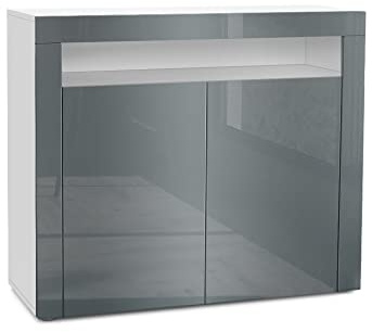 Vladon Kommode Valencia, Made in Germany, Sideboard mit 2 Türen und 1 offenem Fach, Weiß matt/Grau Hochglanz/Grau Hochglanz (108 x 92 x 40 cm)