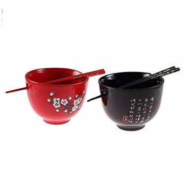 lachineuse - Duo Grands Bols ⌀ 13 cm - En Rouge et Noir - Décors Fleurs de Cerisier - Bols à Riz, Petit Déjeuner & Soupe - 2 Paires de Baguettes - Bol Asiatique Japon Asie - Cadeau Vaisselle Japonaise