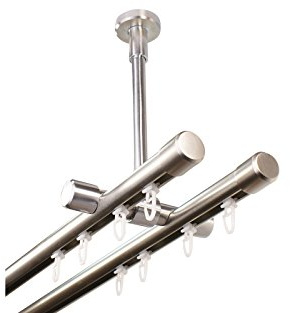 iso-design Gardinenstange Innenlauf 2-läufig Deckenmontage im Edelstahl Design 20 mm, großer Deckenabstand, Deckenhalter kürzbar, Endstück Kappe, 360 cm (2 x 180 cm)
