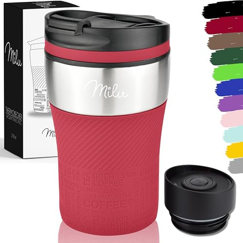 Milu Thermobecher Kaffee to go - 210ml - 100% Auslaufsicher – Isolierbecher, Kaffeebecher, Trinkbecher aus Edelstahl - Autobecher doppelwand Isolierung - Travel Mug (Rot)