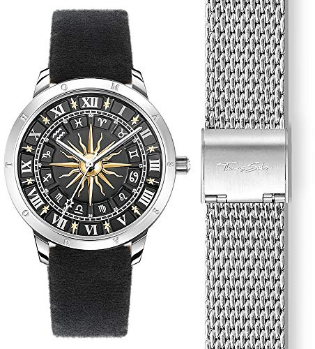 THOMAS SABO Damen Armbanduhr Sonne Sternzeichen Analog Quarz Edelstahl Samt Set_WA0351-217-203-33 mm