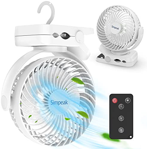 Simpeak 8000 mAh Ventilatore USB con Telecomando Mini Ventilatore Portatile da Campeggio Ventilatore da Tavolo Morsetto con 3 Velocità| 3 Modalità di Luce a LED| Rotazione a 720°