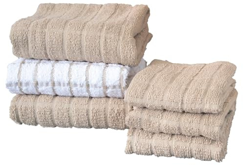 Ritz Premium Kitchen Towel and Dish Cloth Value Set: Highly Absorbent, Super Soft, Long-Lasting, 100% Cotton Checked and Solid Hand Towels, Tea Towels, Bar Towels - 6 Pack, Putty