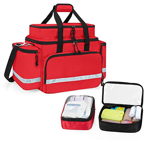 Damero Damero Bolsa de paramédico de primeros auxilios de doble capa vacía, bolsa de trauma de emergencia médica con 2 bolsas y divisores extraíbles,rojo